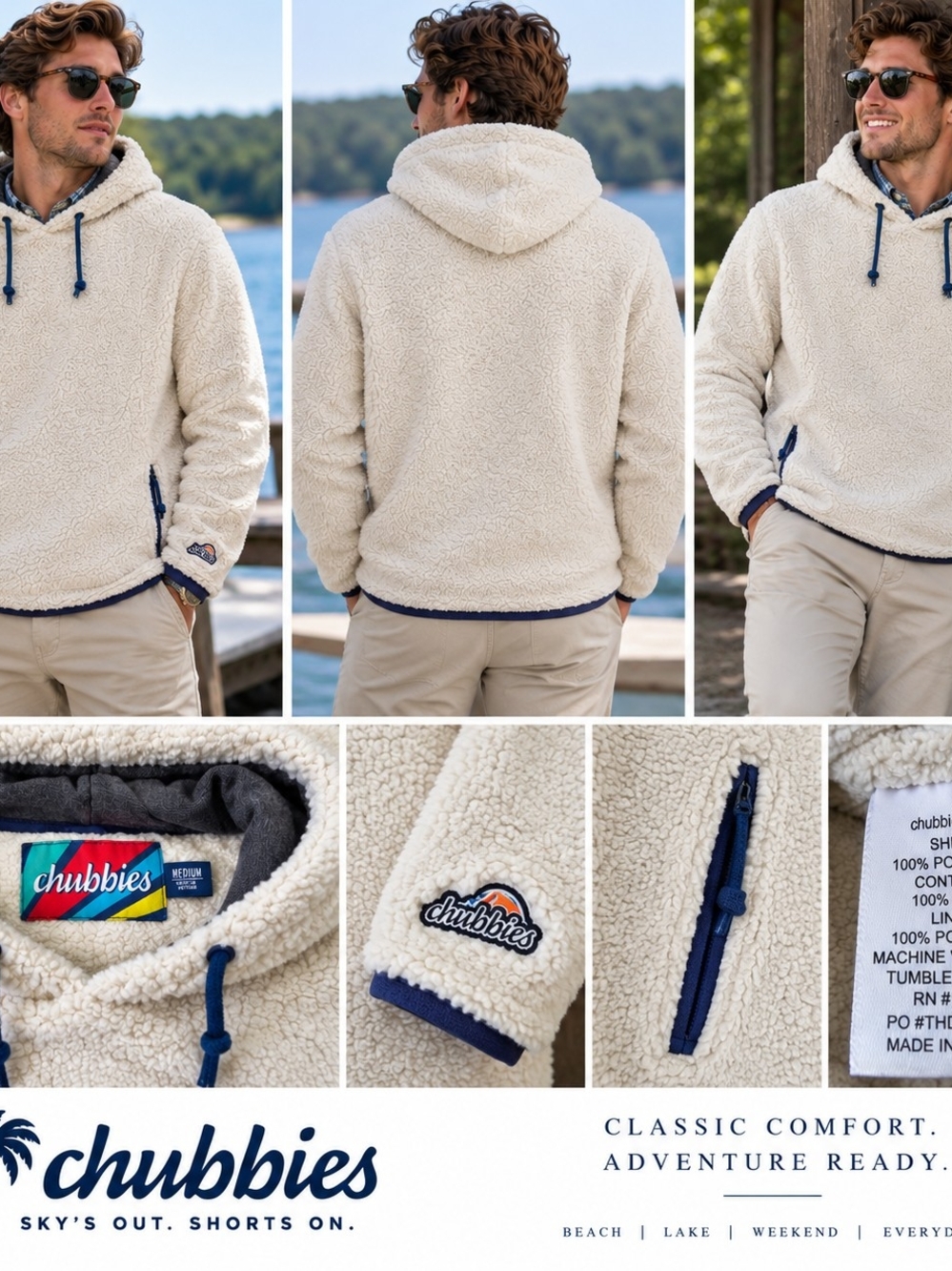 Vintage/Preppy Chubbies Men’s Cream Sherpa Hoodie with Navy Trim